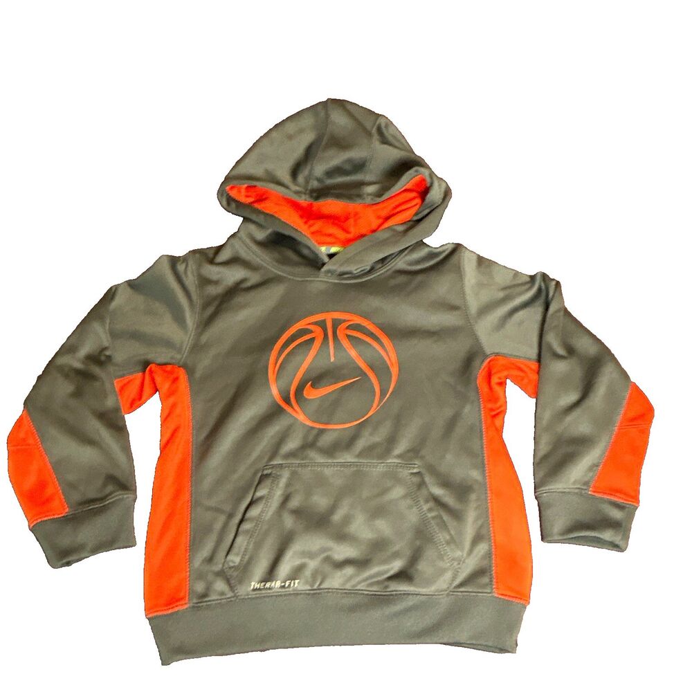 Nike Therma-FIT Boys Hoodie Gray/Orange Size 7 Basketball Pockets Logo